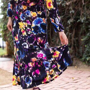 NEW XS LuLaRoe Evelyn Smocked Waist Maxi Dress Long Sleeve Black Floral Midi